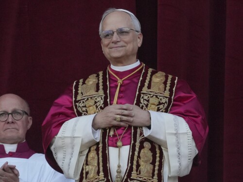 Newly elected Pope Leo XIV appears at the balcony of St. Peter's Basilica at the Vatican, Thursday, May 8, 2025.