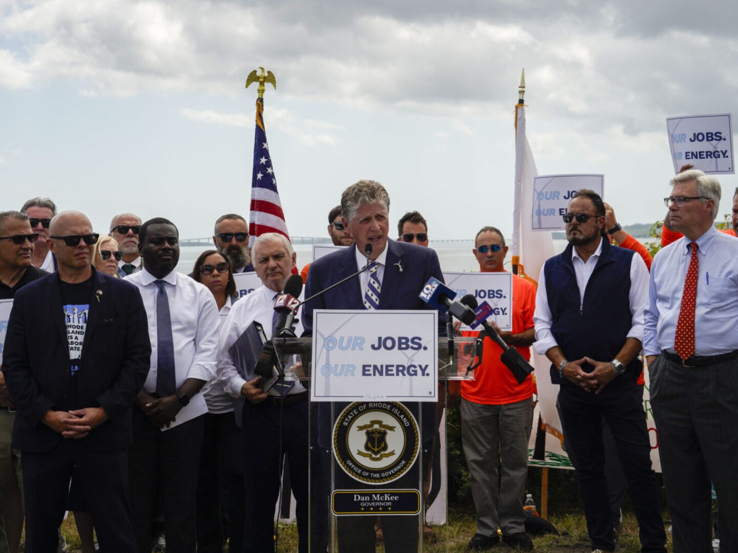 Gov. Dan McKee speaks during a Aug. 25, 2025, press conference at Quonset Point in North Kingstown, demanding the Trump administration reverse the Revolution Wind stop work order.