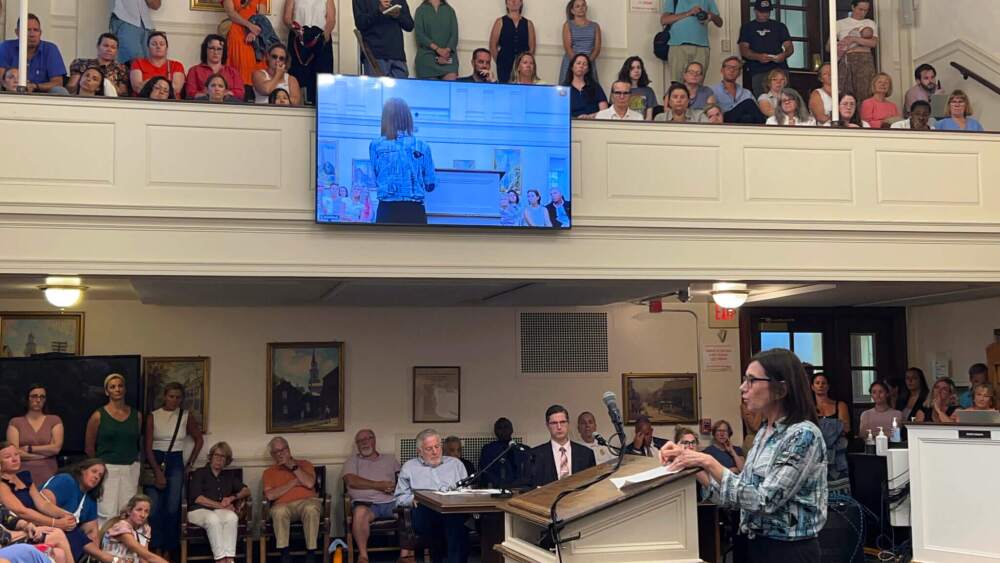 Carol Bazarsky, chair of the Newport Hospital Foundation Board of Trustees, turned around to address the crowd at a special meeting of the Newport City Council on Tuesday, July 15, 2025. Bazarsky said she had spoken to Brown University Health leadership who emphasized that no decision has been made regarding the possibility of closing the hospital’s birthing center.