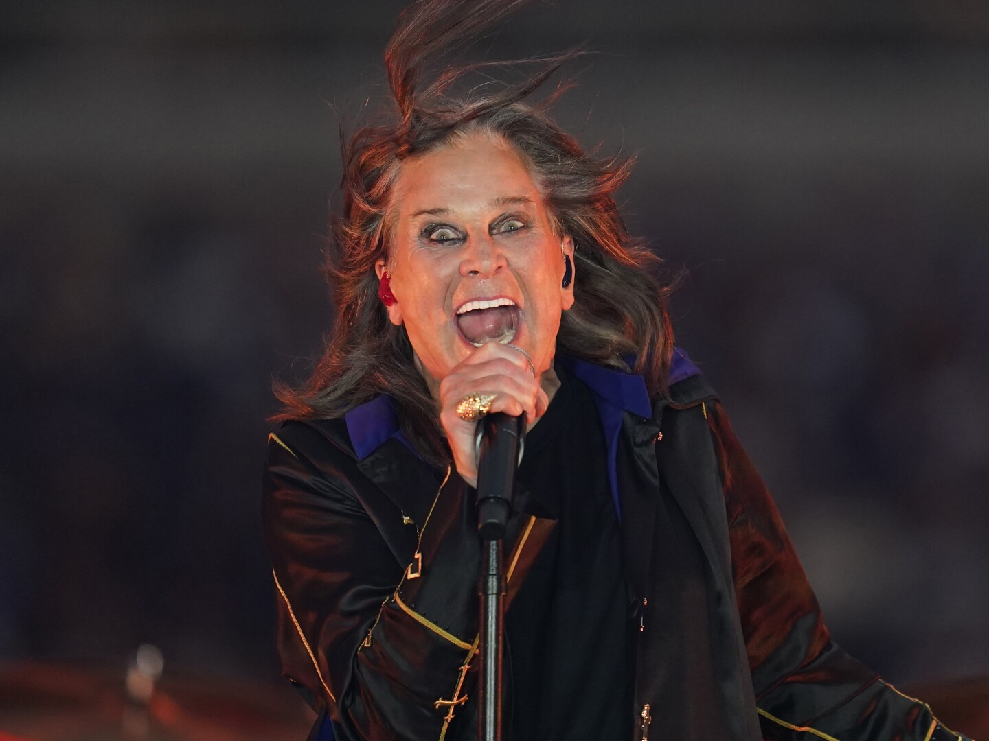FILE - Singer Ozzy Osbourne performs during halftime of an NFL football game between the Los Angeles Rams and the Buffalo Bills in Inglewood, Calif., Sept. 8, 2022.