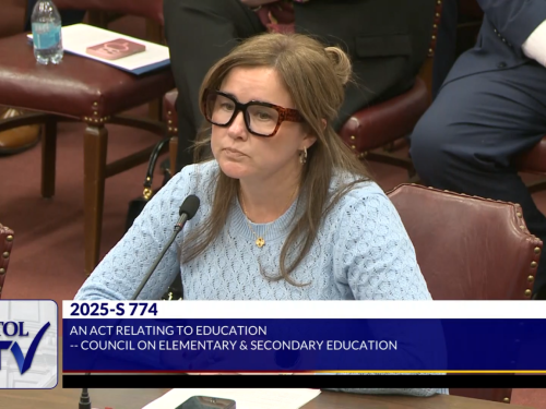 Sen. Alana DiMario, a Narragansett Democrat, presents legislation that grants voting rights to student and teacher representatives on the Rhode Island Board of Education before the Senate Committee on Education during a March 26, 2025, hearing.