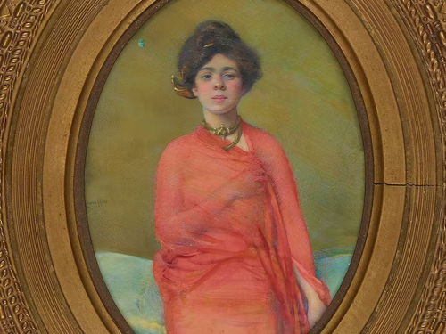 A 1910 watercolor portrait of Belle da Costa Greene by Laura Coombs Hills.