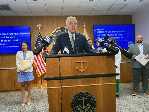 Rhode Island Attorney General Peter Neronha at a news conference Monday, May 5, 2025.
