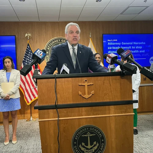 Rhode Island Attorney General Peter Neronha at a news conference Monday, May 5, 2025.