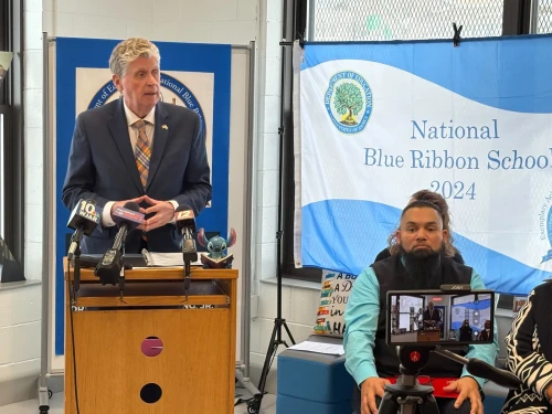 Governor Dan McKee at Martin Luther King Jr Elementary school on Feb. 10 2025.