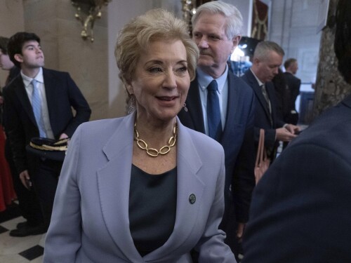 Secretary of Education Linda McMahon leaves the House Chamber after President Donald Trump addresses to a joint session of Congress at the Capitol in Washington, Tuesday, March 4, 2025.