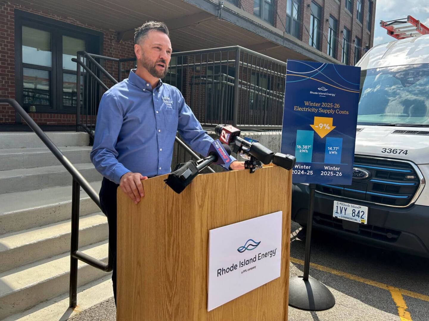 Greg Cornett, president of Rhode Island Energy, describes company measures to reduce customers’ energy bills at a press conference on Monday, July 21, 2025.